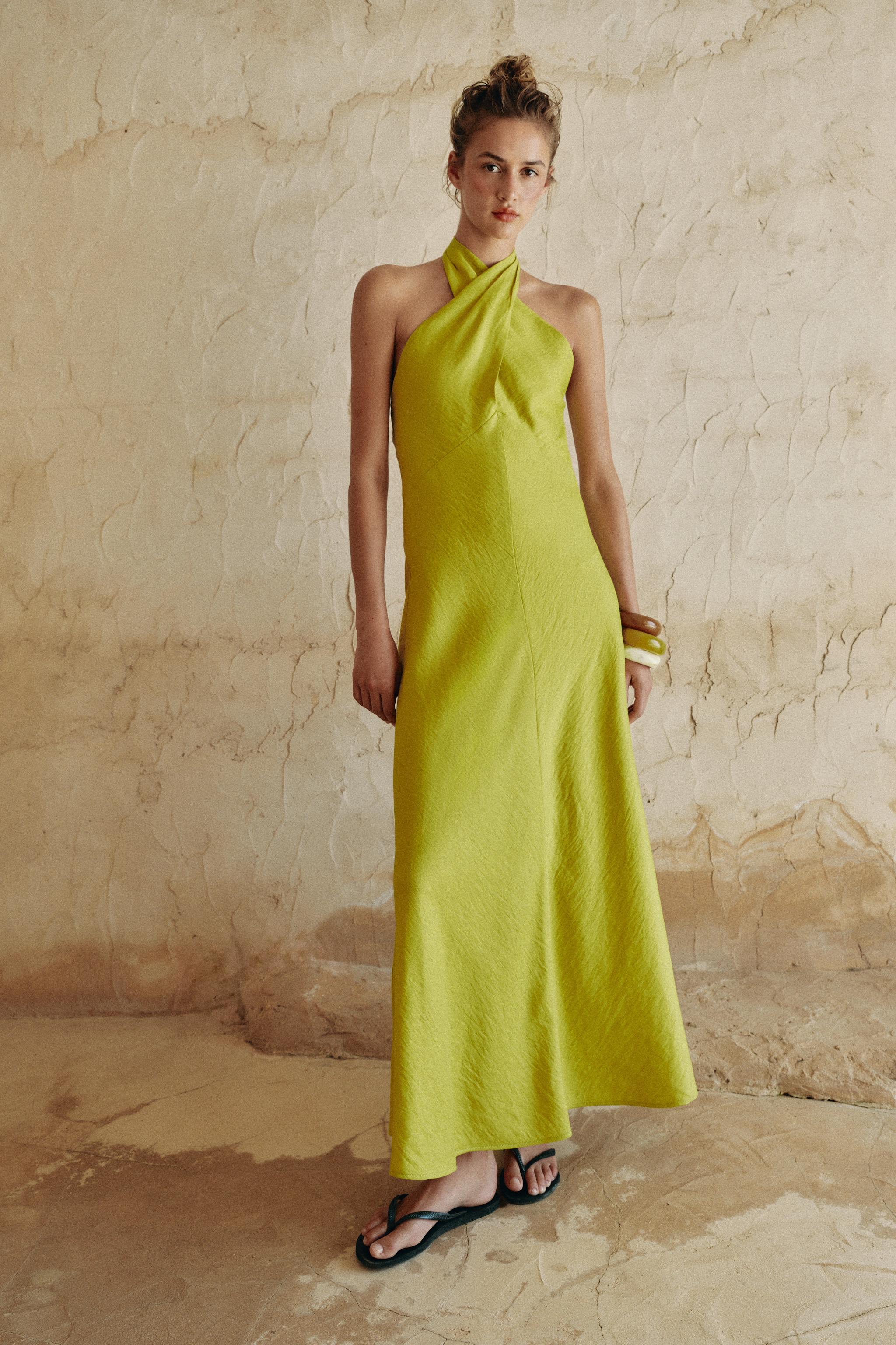 LINEN WRAP HALTER MIDI DRESS